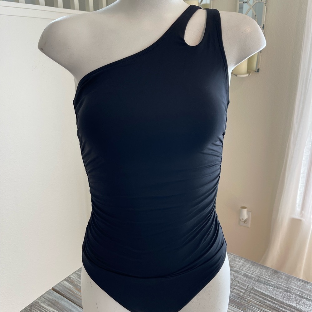 Asymmetrical Ruched Tommy Control Black One-Piece Bathing Suit Size Small